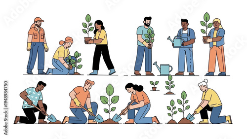 People Planting Trees and Gardening Together.