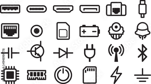 An assortment of modern technology icons is depicted in a crisp, clean, line art style, showcasing a comprehensive collection of digital and connectivity symbols.