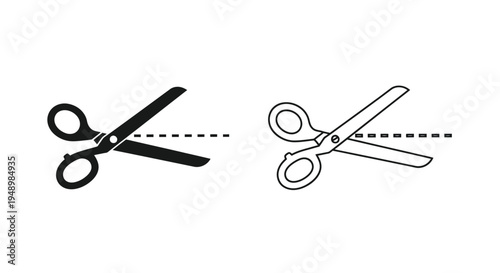 Two pairs of scissors one black and one white with a dashed line