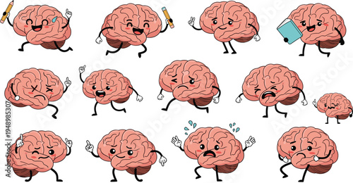 Funny cartoon brain character vector set with different actions emotions learning studying thinking running creative intelligence mascot illustration collection isolated background