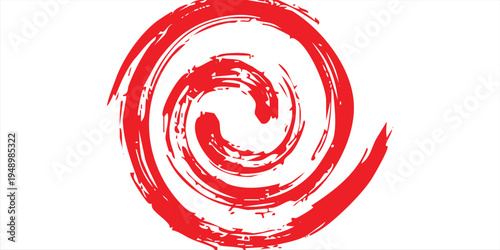 Abstract red paint cyclone shape, rough circular brush streaks forming energetic spiral motion, expressive grunge vector artwork.