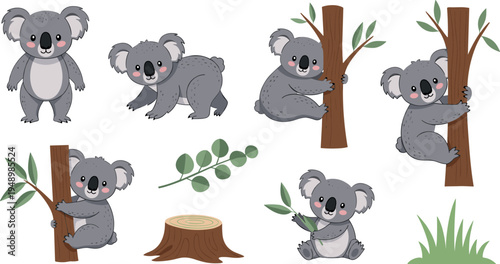 Cute Cartoon Koala Character Set with Tree Branch Leaves Grass Vector Illustration