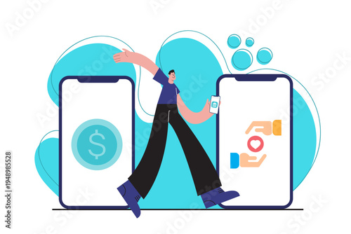 Financial technology concept showing digital money transfer between two mobile banking smartphones. Online payment, fintech transaction, mobile wallet and cashless financial system flat illustration.
