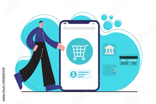 Ecommerce and digital payment concept with smartphone shopping cart icon and fintech payment elements. Man character using mobile app for online shopping transaction and electronic payment system.