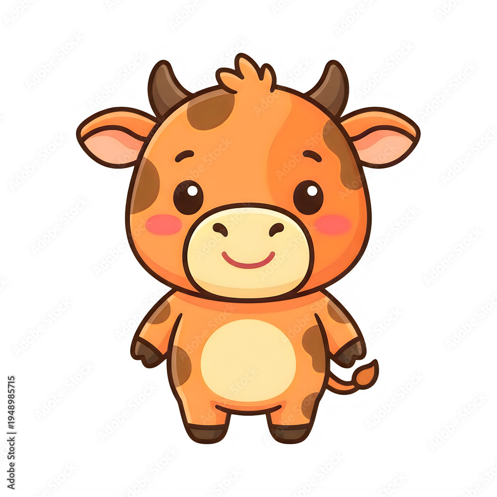 Obraz premium Smiling brown cow with horns and spots, children's book illustration of a happy cow character, isolated on transparent background