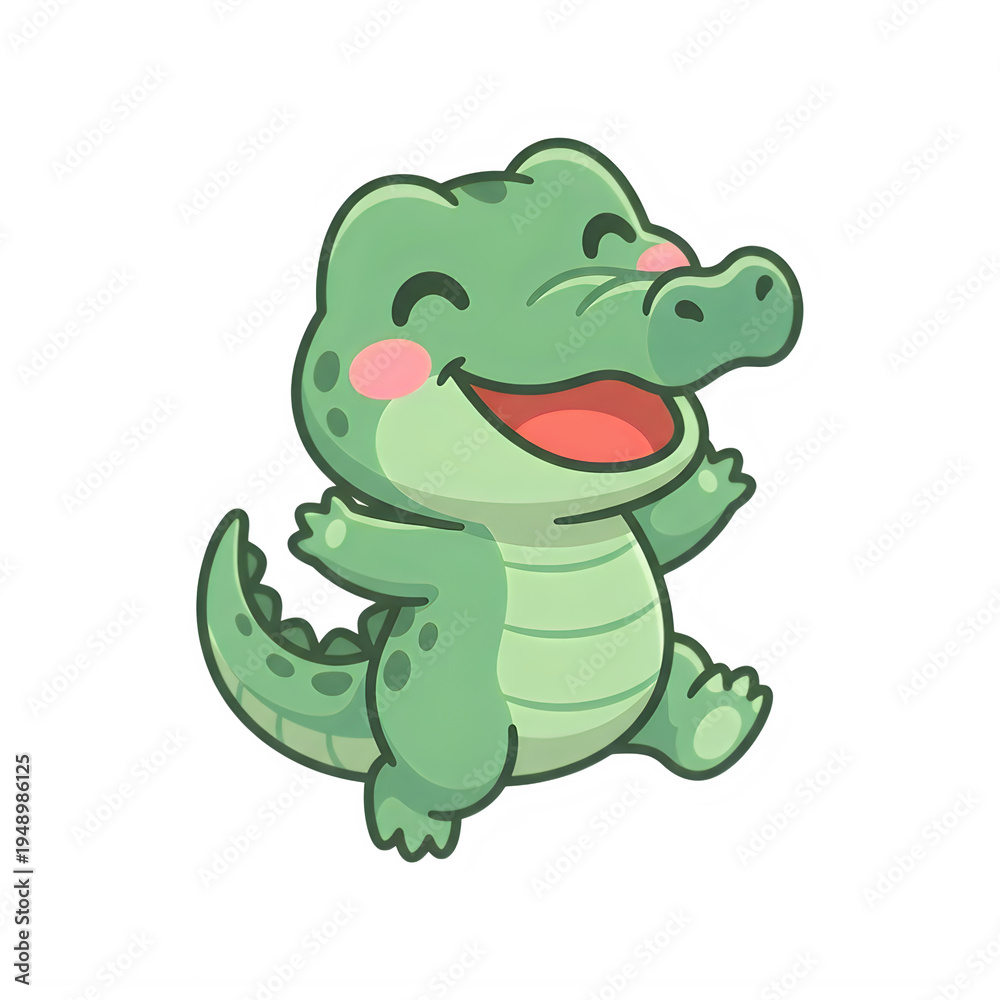 Fototapeta premium A cheerful cartoon crocodile with a big smile and rosy cheeks dancing playfully isolated on transparent background