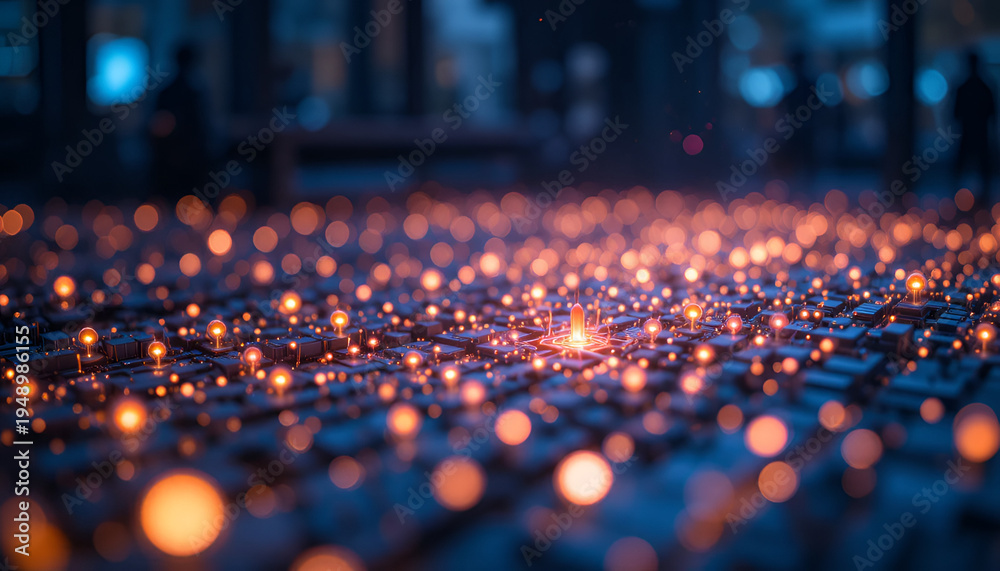 Fototapeta premium Glowing orange lights on a dark grid background with bokeh effect creating a mesmerizing ambiance