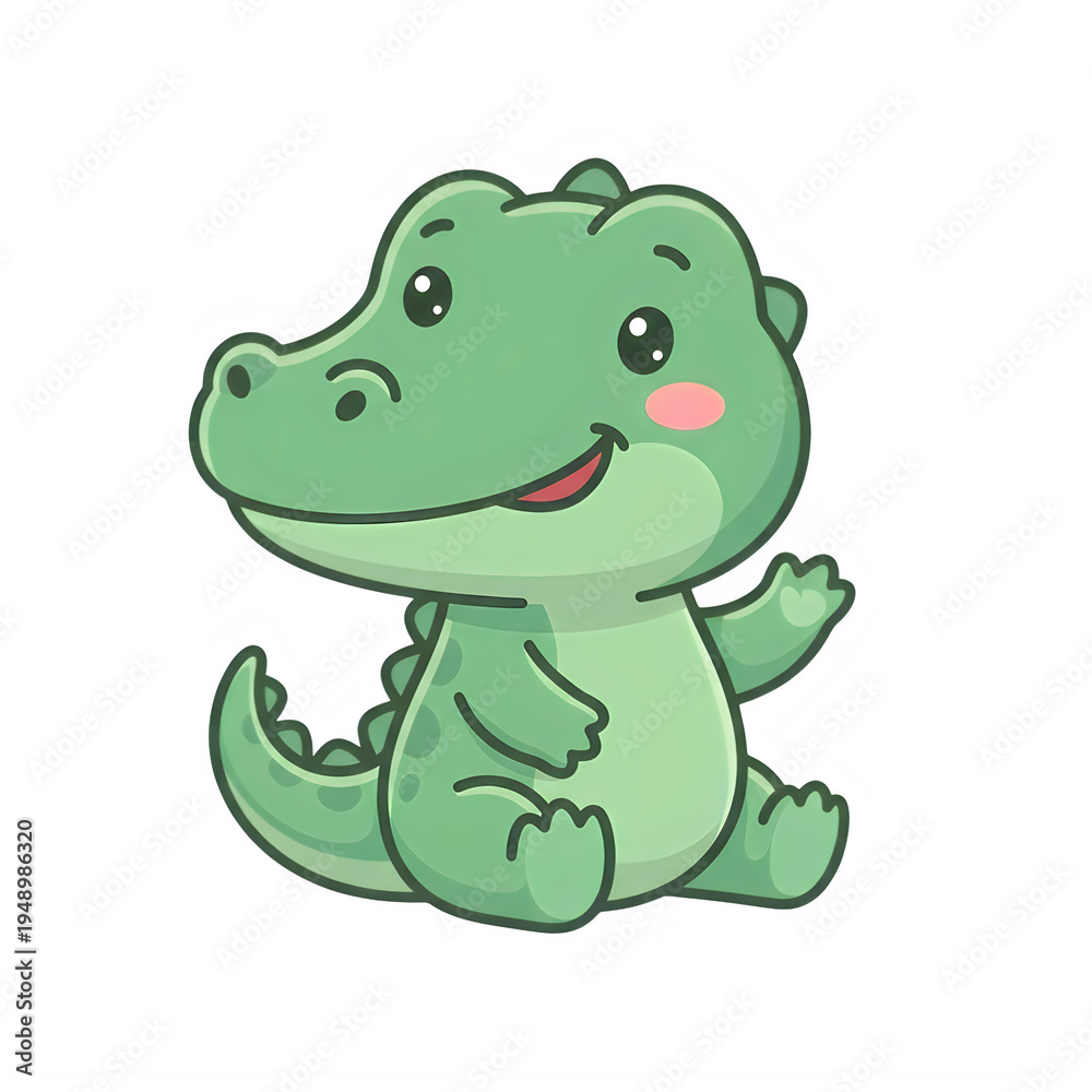 Fototapeta premium A cheerful green cartoon crocodile with a smile and rosy cheek waving happily isolated on transparent background