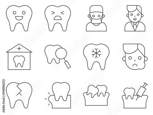 Set of 12 Outline Dental and Oral Health Icons Vector, Featuring Happy, Sad, Frozen Teeth, Dentist, Patient, and Clinic Symbols for Web and Mobile UI