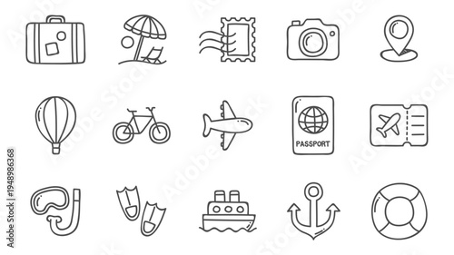 Set of 15 Hand-Drawn Travel and Vacation Icons Vector Collection for Holiday Planning, Tourism Websites, and Adventure Marketing