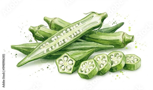 Fresh Okra Vegetable Watercolor Vector Set Isolated on White