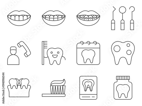 Set of 12 Outline Dental Care Vector Icons for Oral Health, Dentistry, and Hygiene with Teeth, Braces, Tools, and Toothbrush
