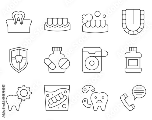 Set of 12 Outline Dental Care and Oral Hygiene Vector Icons for Dentistry Websites, Medical Apps, and Health Presentations