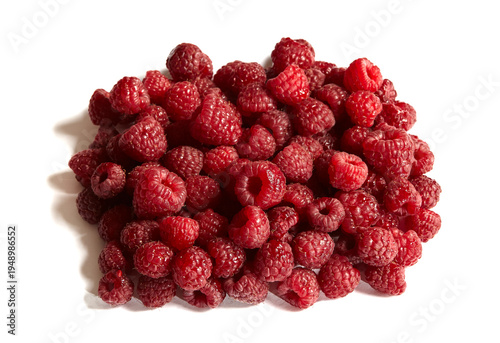 Fresh raspberries isolated on white background. Heap of red rasberries