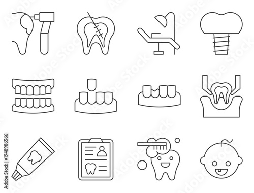 Set of 12 Outline Dental Care and Dentistry Icons Vector for Website, Mobile App, and Medical Clinic Design