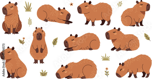 Cute Capybara Character Collection with Different Poses Including Sitting, Walking, Resting and Relaxing Cartoon Animal Vector Illustration Set.