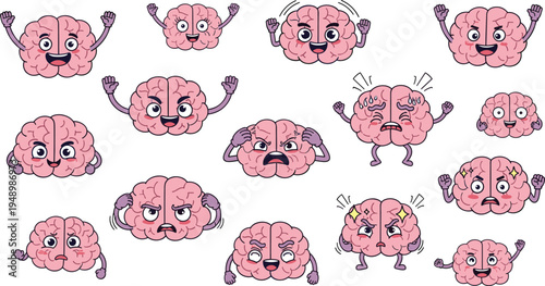 Cute cartoon brain character emotions vector set funny brain mascots showing different facial expressions learning intelligence psychology education illustration collection isolated background