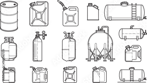 A diverse collection of fuel tanks and containers, a visual guide to various storage solutions. 