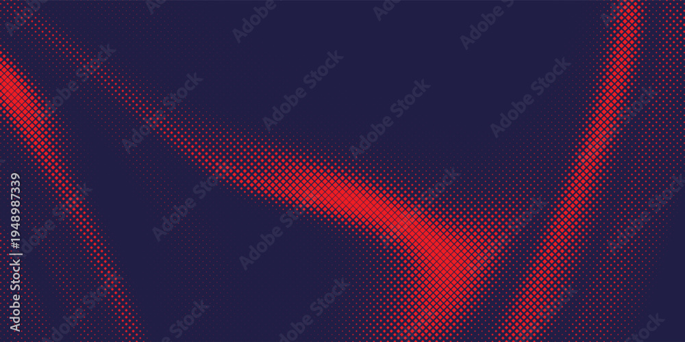 Fototapeta premium Red particle wave composition, clustered halftone dots creating smooth curved light bands across dark navy surface.