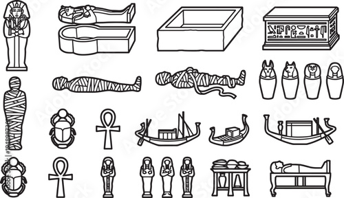A collection of ancient Egyptian artifacts and symbols is presented in a detailed, illustrative style. Each item, including sarcophagi, mummy figures, and iconic ankh symbols.