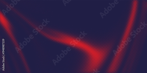 Red particle wave composition, clustered halftone dots creating smooth curved light bands across dark navy surface.