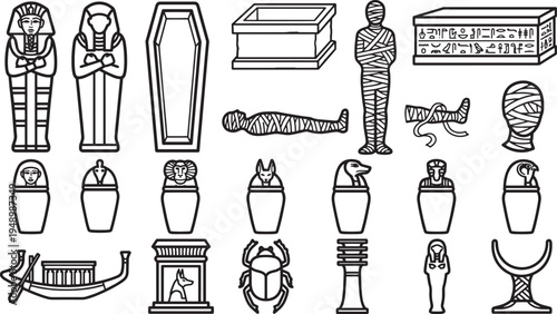 A detailed black and white illustration of ancient Egyptian artifacts and symbols.