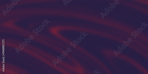 Modern halftone particle field, crimson dot clusters forming curved abstract motion trails over midnight blue canvas.