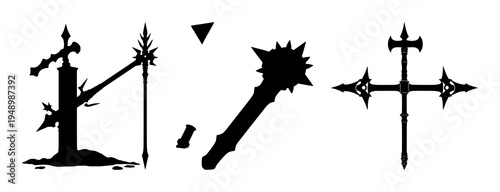 Medieval mace set with a solid black silhouette and high contrast featuring historical weaponry, antique weapon, and spiky club with battle weapon and war mace