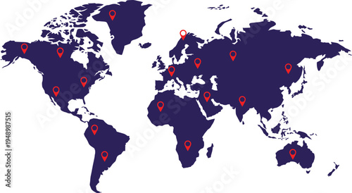 Global Destination Map with Red Location Pins, International Travel and GPS Navigation Concept