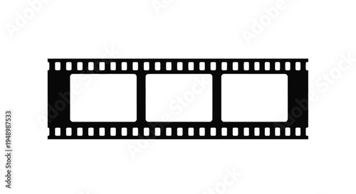 A black film strip with three empty frames on a white background