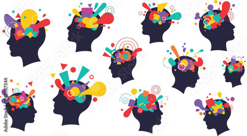 Human head silhouette with colorful abstract shapes vector set creative thinking imagination brain activity psychology idea concept modern artistic illustration collection