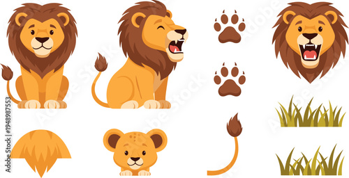 Cute Cartoon Lion Character Set with Paw Prints Mane Grass Vector Illustration