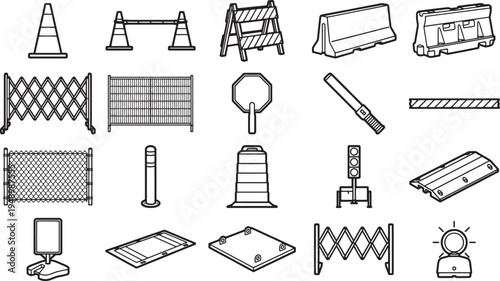 Line art illustration of a variety of essential road and traffic safety equipment, capturing safety, guidance, and organization in urban and construction environments.