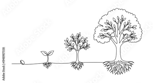 A single line drawing illustrates the stages of tree growth from seed