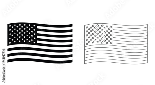 Two versions of the american flag solid black and outlined white