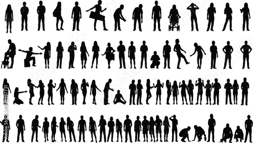 Collection of black silhouettes of people in diverse poses and activities, standing, walking, sitting, gesturing, interacting, wheelchair use, design references