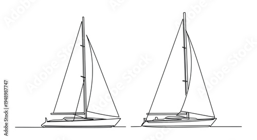 Minimalist line drawing depicting two sailing yachts on the water