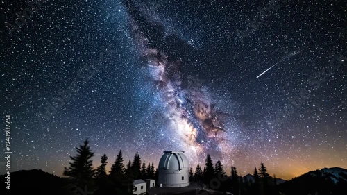 Milky way galaxy shines above observatory and silhouetted trees with shooting star in majestic night sky