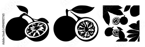 Passion fruit set with solid black silhouette of a whole passion fruit beside a passion fruit half on white background featuring exotic, botanical, fruit with silhouette and black