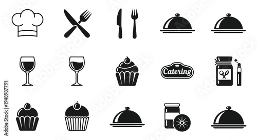 Culinary icons chef hat silverware desserts and food service items