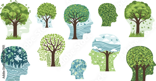 Human head silhouette with nature trees vector set representing ecology mental health growth mindfulness environment concept artistic double exposure style illustration collection
