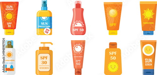 Sunscreen Bottles and Tubes Set with SPF Protection, Summer Skincare Flat Vector Icons
