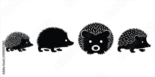 Four Black Silhouette Illustrations of Hedgehogs in Various Poses Keywords: hedgehog, animal, wildlife, cute, cartoon