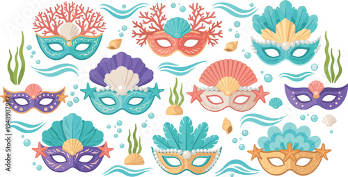 Ocean Themed Carnival Mask Set with Seashell Coral Starfish Vector Illustration