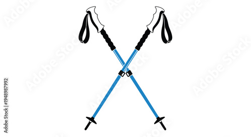 A pair of crossed trekking poles with black straps and blue shafts