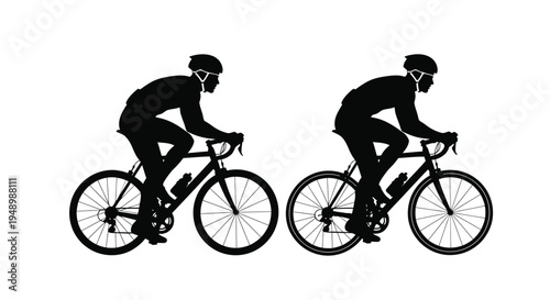 Silhouettes of two cyclists riding road bikes against a white background