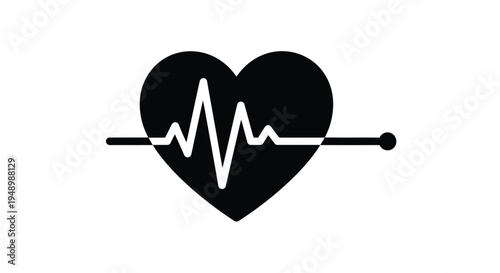 A black heart shape with a white electrocardiogram line running through it