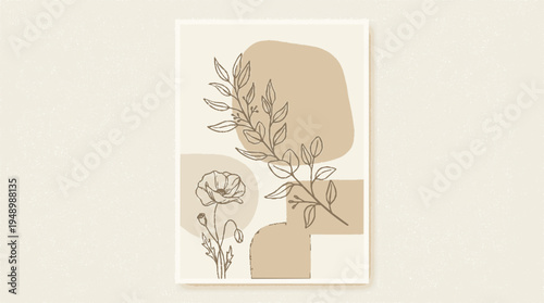 Elegant botanical line art florals on soft beige background with abstract shapes