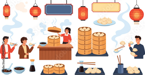 Asian dim sum restaurant scene vector set with dumpling steamers lantern decorations people eating dumplings chopsticks soy sauce traditional street food illustration collection