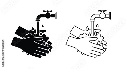 Hands washing under a faucet depicted in two contrasting styles